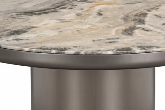 Beige Marble Cylinder Pedestal Table – Close-Up Detail
