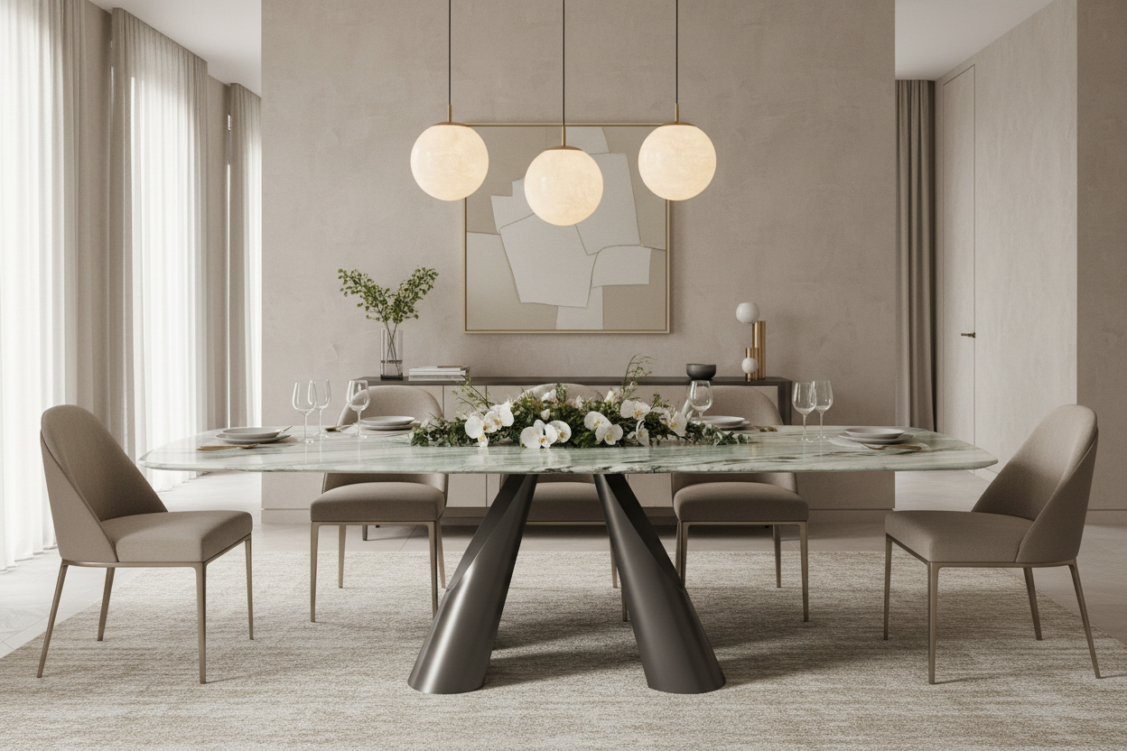 Green Marble Splayed Cone Table – With Chairs