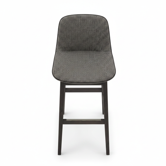 Top view of dark charcoal woven fabric bar stool with dark espresso wood frame