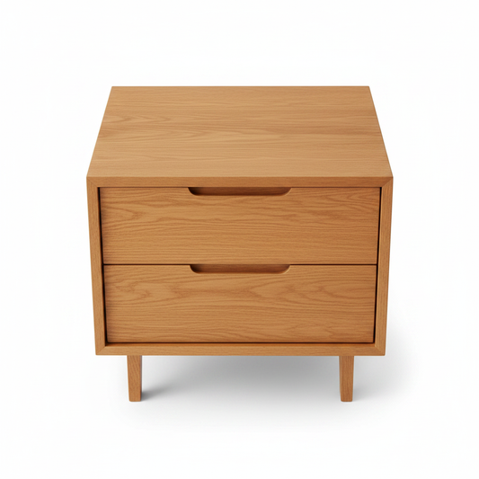 Top view of warm natural oak solid wood bedside table with recessed wood groove handles