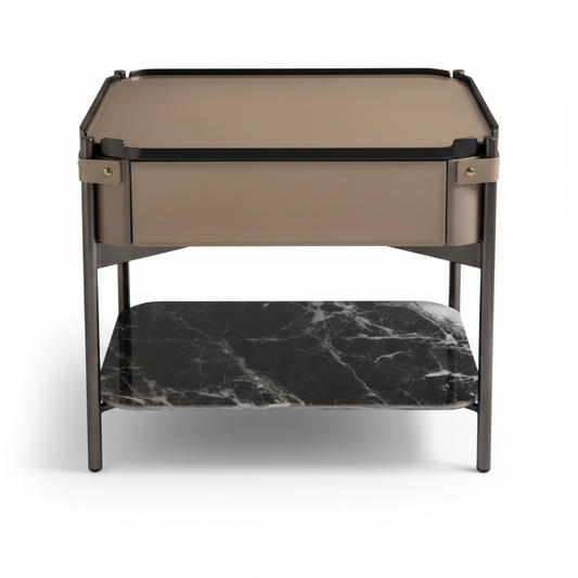 Top view of gunmetal frame bedside table showing smoked amber glass drawer panel