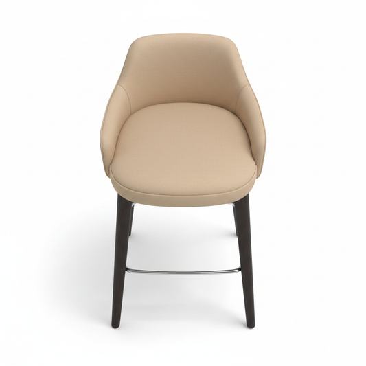 Top view of beige fabric armed bar stool with dark espresso wood frame