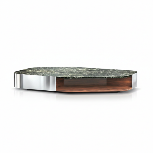 Side view of the Vela Oval Coffee Table showing the stainless steel body and walnut shelf