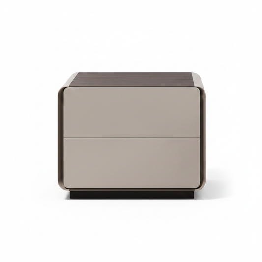 Top view of rounded light grey greige matte bedside table on dark espresso wood plinth base