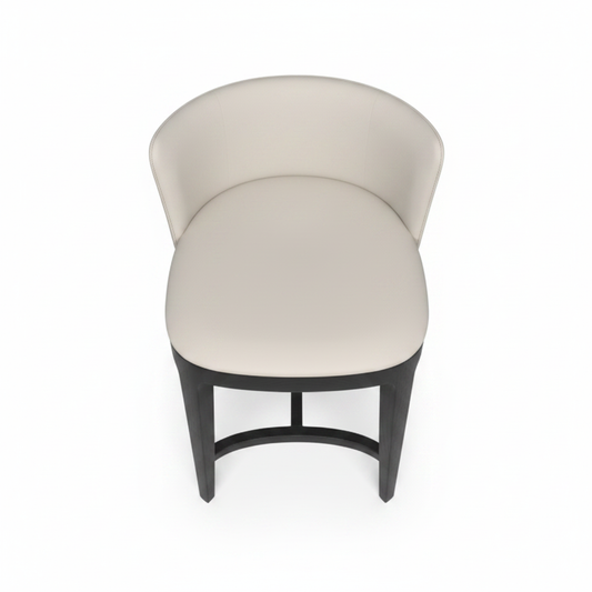 Top view of cream leather low-back bar stool with dark espresso wood frame