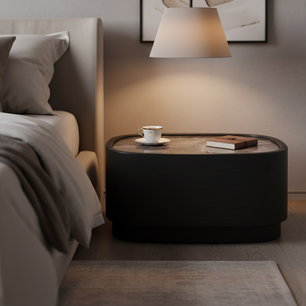 Close-up of dark grey veined marble top flush on matte black rounded bedside table