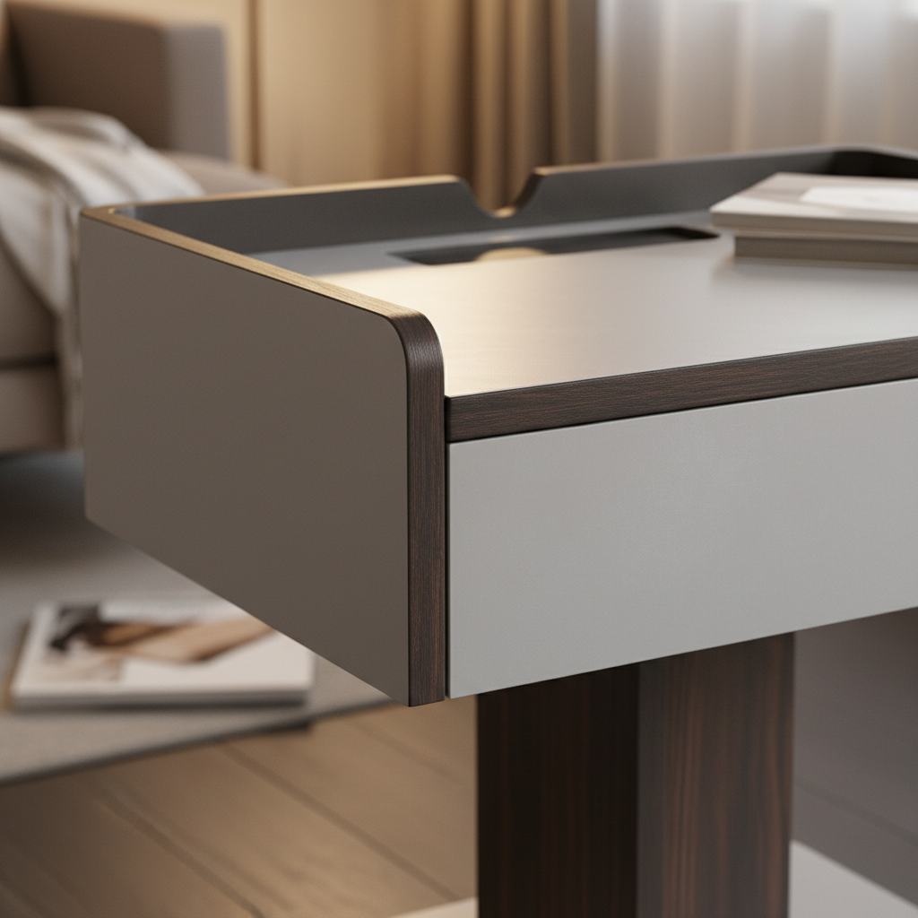 Close-up of grey brushed metal surface with raised lip and slot tray on Lastra Side Table