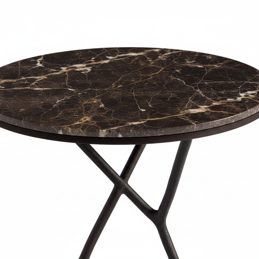 Close-up of Anello Side Table espresso marble top and matte black tripod ring base junction