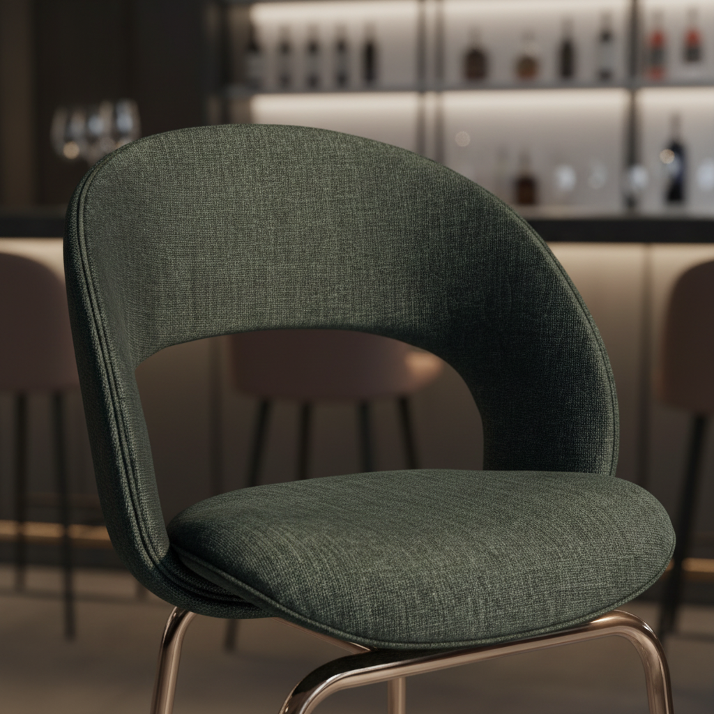 Close-up of dark forest green embossed fabric and circular cutout detail on Circo Bar Stool