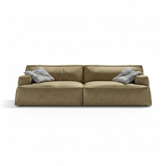 Solano wide velvet sofa in olive, side view
