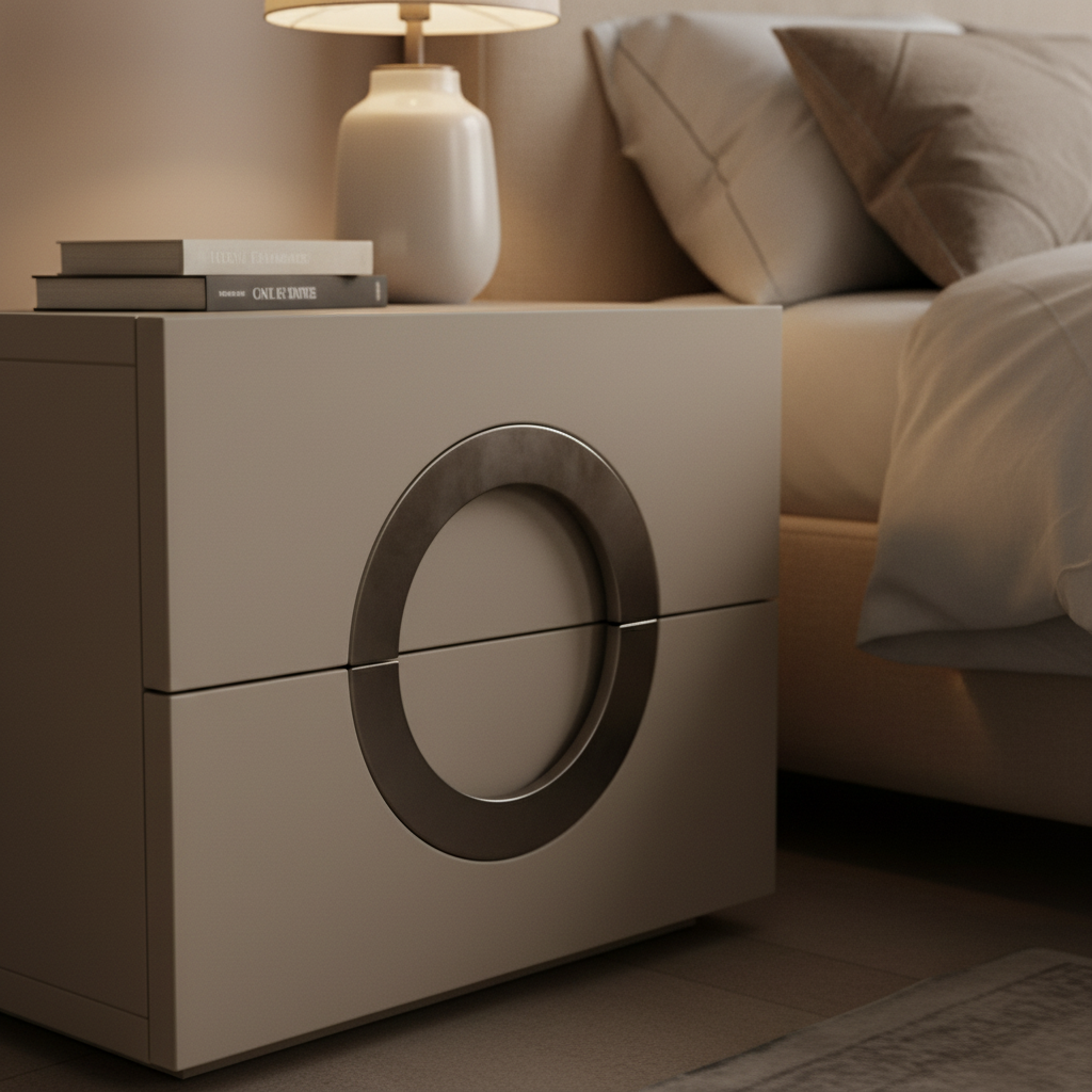 Close-up of warm taupe matte drawer front with large circular cutout porthole handle on Portale Bedside Table
