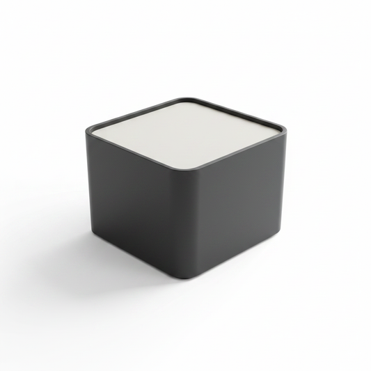Top view of matte charcoal bedside table showing white inset top surface