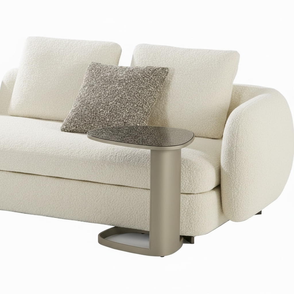 Tondo U-shape modular sectional sofa — close-up rounded barrel arm and integrated side table detail