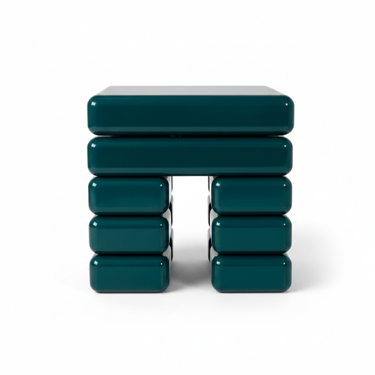 Top view of deep forest green glossy stacked cushion block bedside table