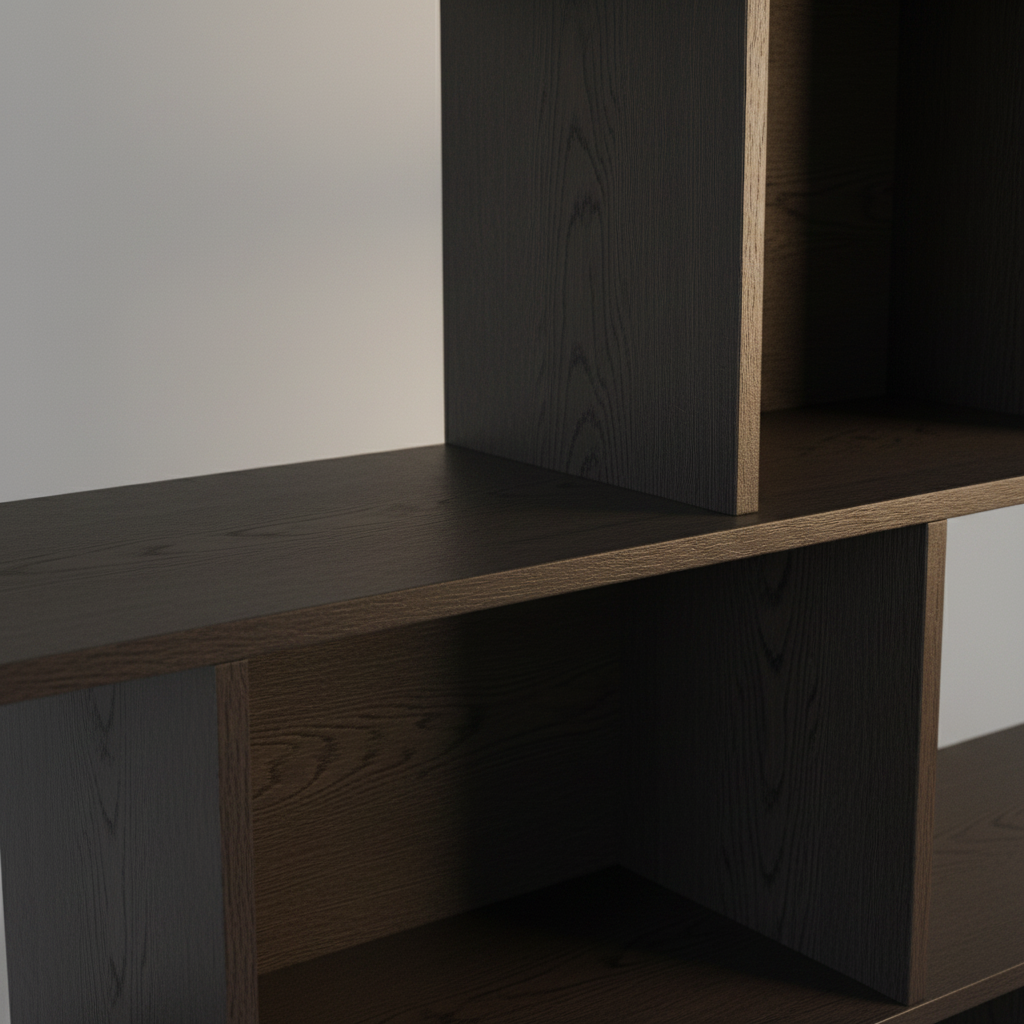 Stratum Shelf close-up of staggered cantilever shelf edge and wood grain