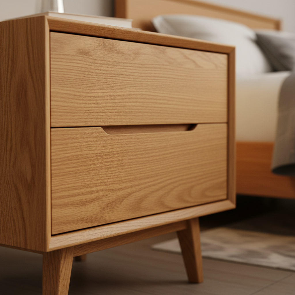 Close-up of warm oak wood grain and recessed wood groove handle on Rovere Bedside Table