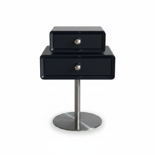 Top view of glossy black two-drawer side table on chrome pedestal base