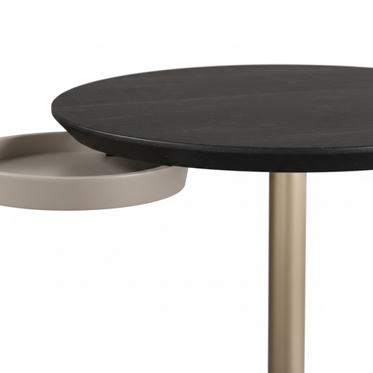 Close-up of Pario Side Table integrated side tray detail and black stone top edge