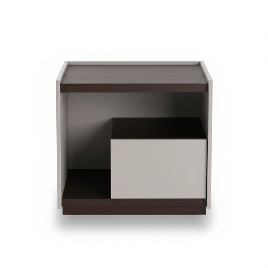 Top view of light grey greige matte bedside table showing dark espresso wood open shelf interior