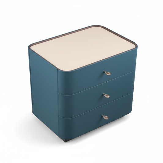 Top view of deep teal upholstered bedside table showing cream flat top surface