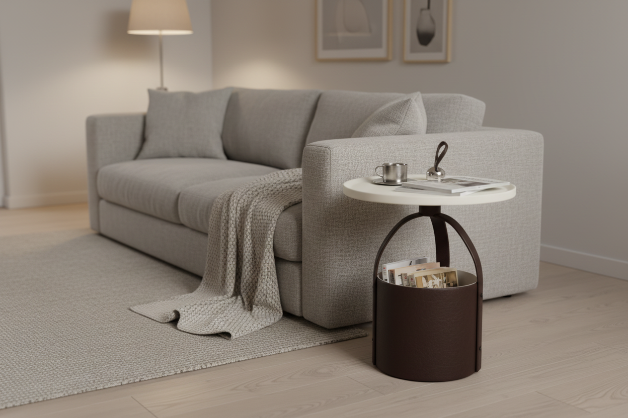 Cesto Side Table in a cosy modern living room beside a linen sofa