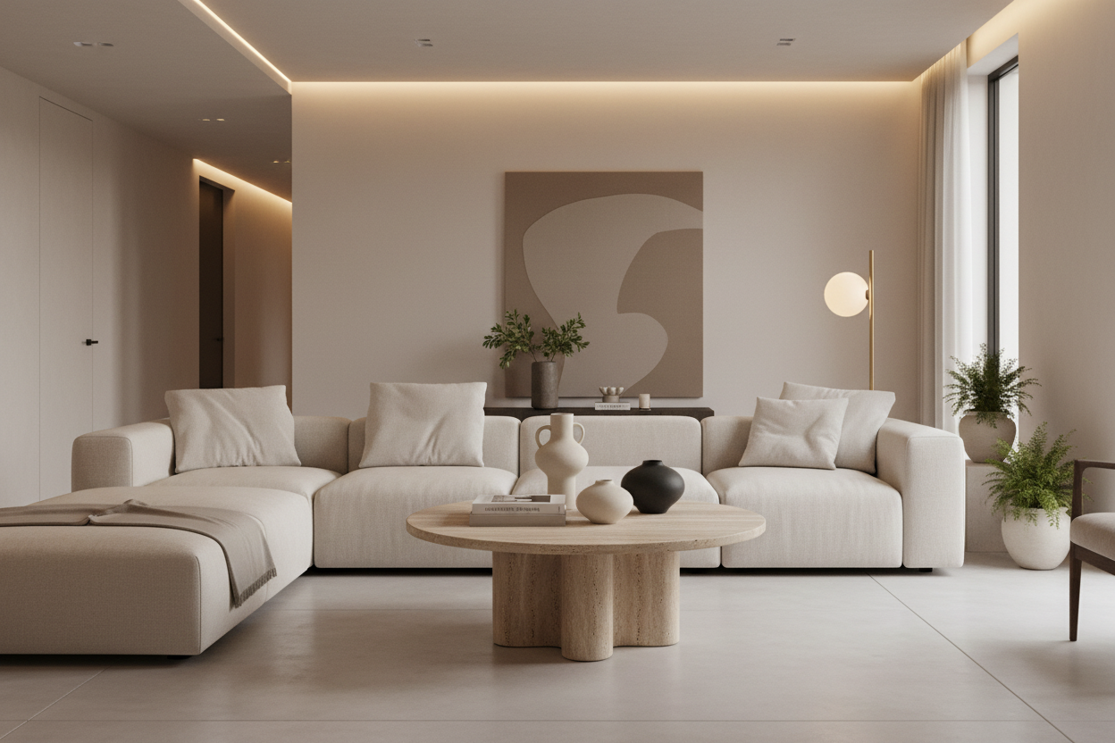 Petal Coffee Table as centrepiece in a luxurious modern living room with linen modular sofa
