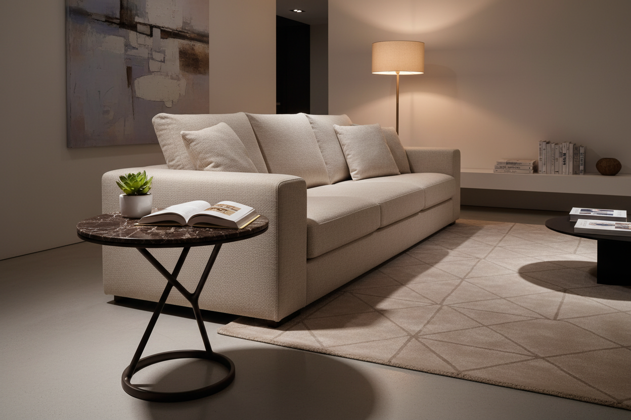 Anello Side Table in a sophisticated modern living room beside a linen sofa