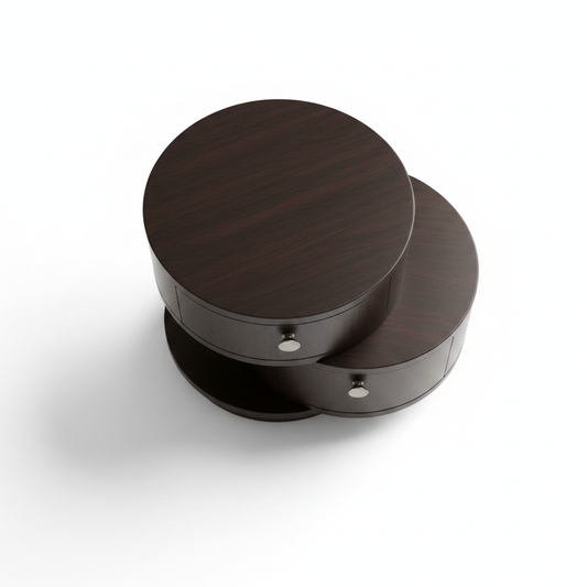Top view of three stacked offset rotating circular dark espresso wood disc bedside table