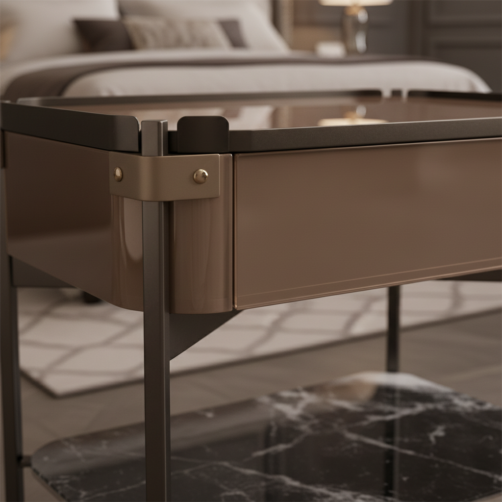Close-up of smoked amber bronze tinted glass drawer panel and dark marble shelf within gunmetal frame on Bronzo Bedside Table