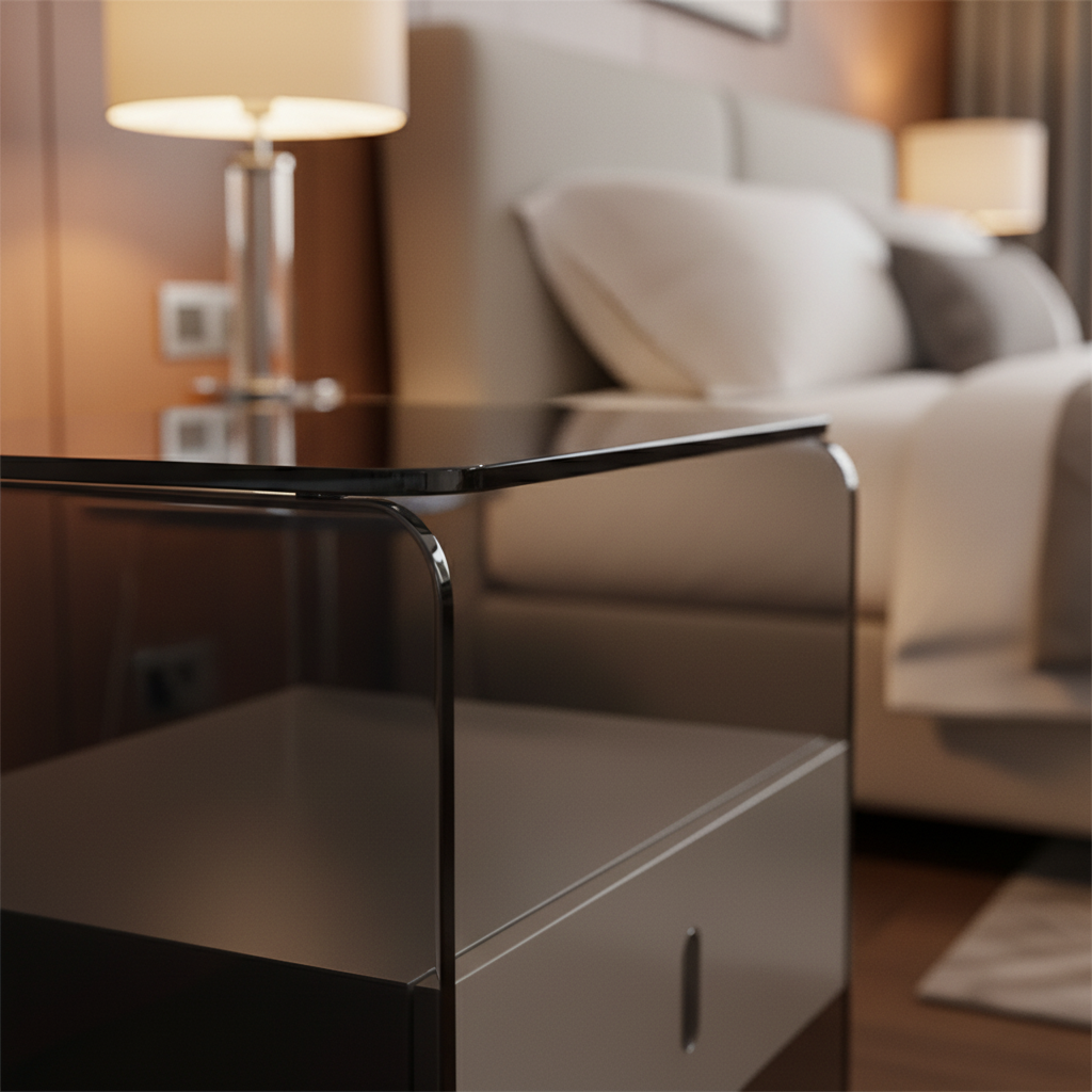 Close-up of smoked grey tempered glass edge and curved surface on Vetro Bedside Table