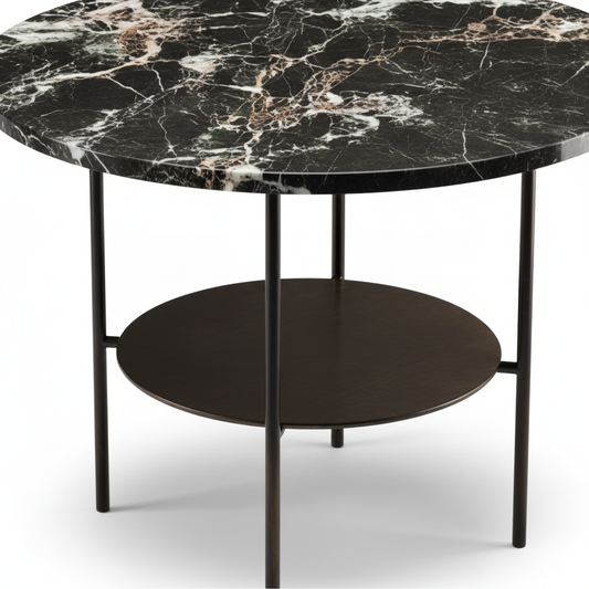 Close-up of Strato Coffee Table dark marble top veining and bronze lower shelf detail