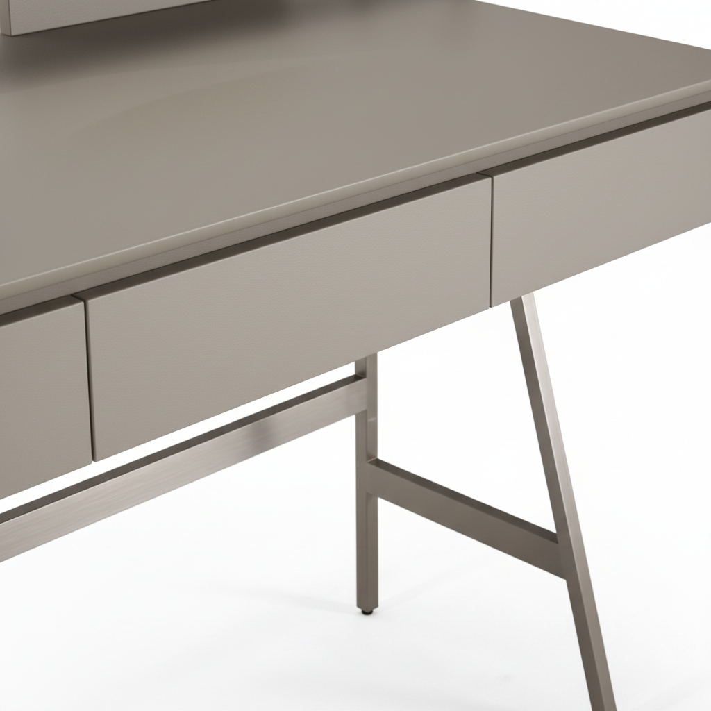 Close-up of greige lacquer drawer and polished silver stainless steel A-frame junction detail