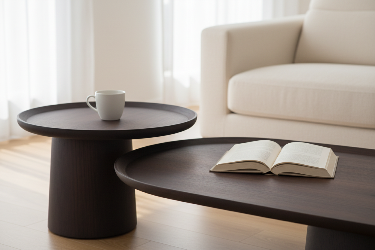 Fungō Oval and Round Coffee Table Set close-up lifestyle shot