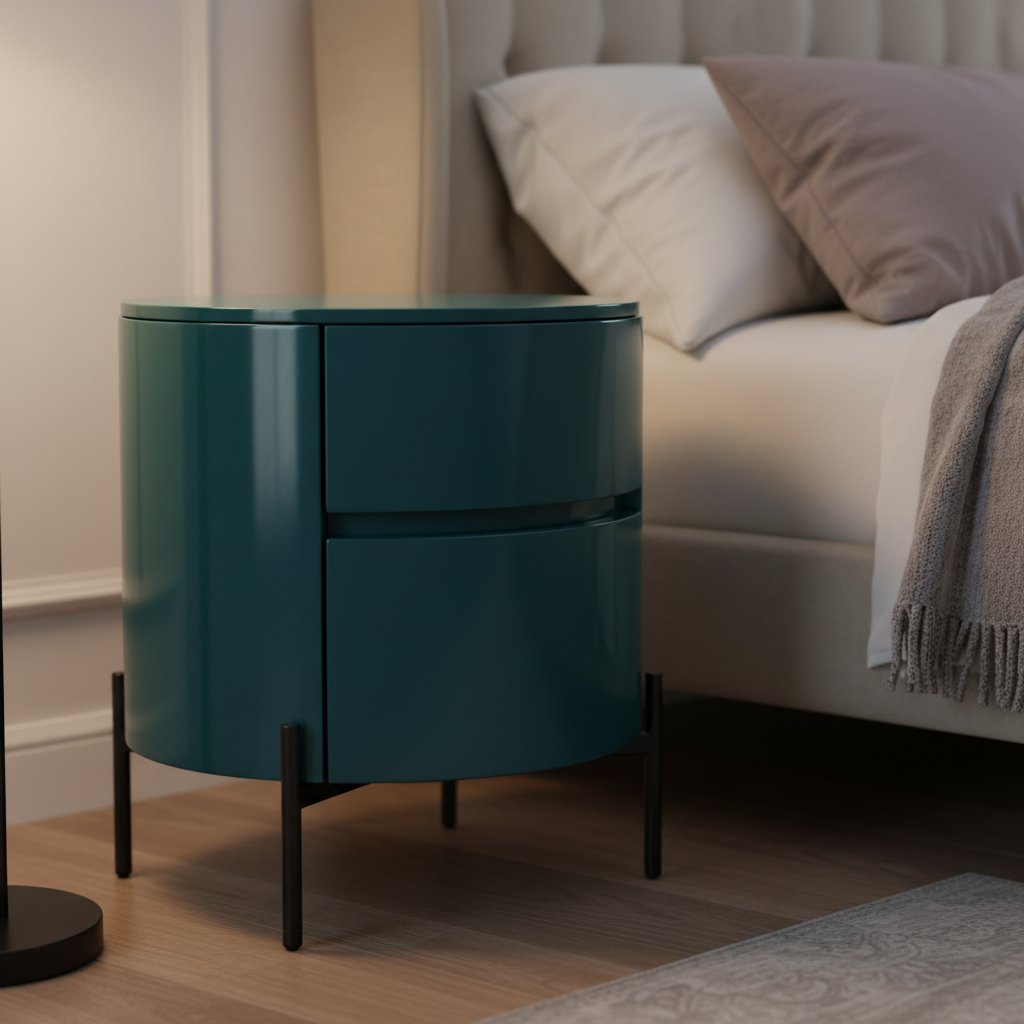 Close-up of deep teal lacquer cylindrical surface and slim black metal leg on Petrolio Bedside Table