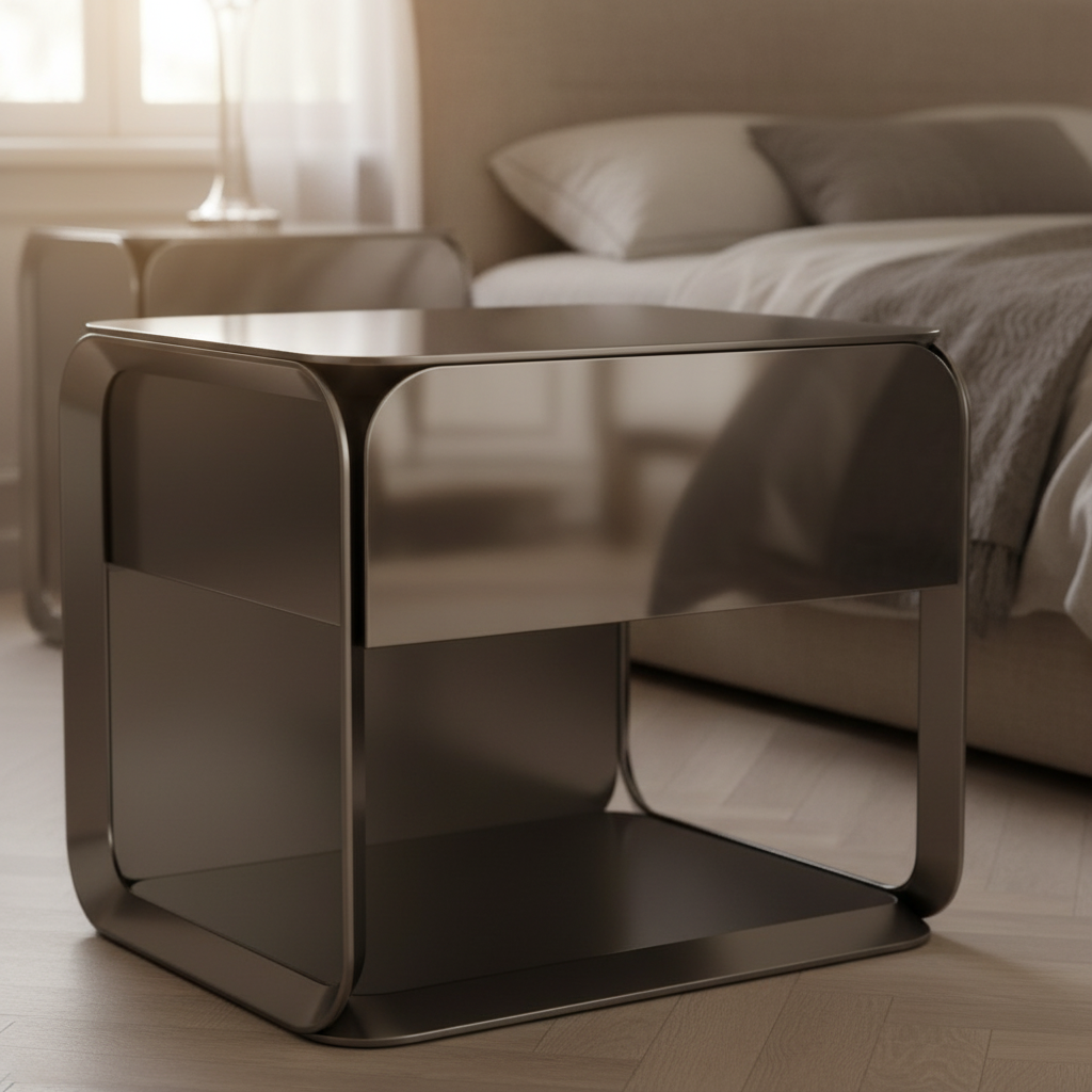Close-up of polished gunmetal stainless steel rounded corner and flush drawer on Arco Bedside Table