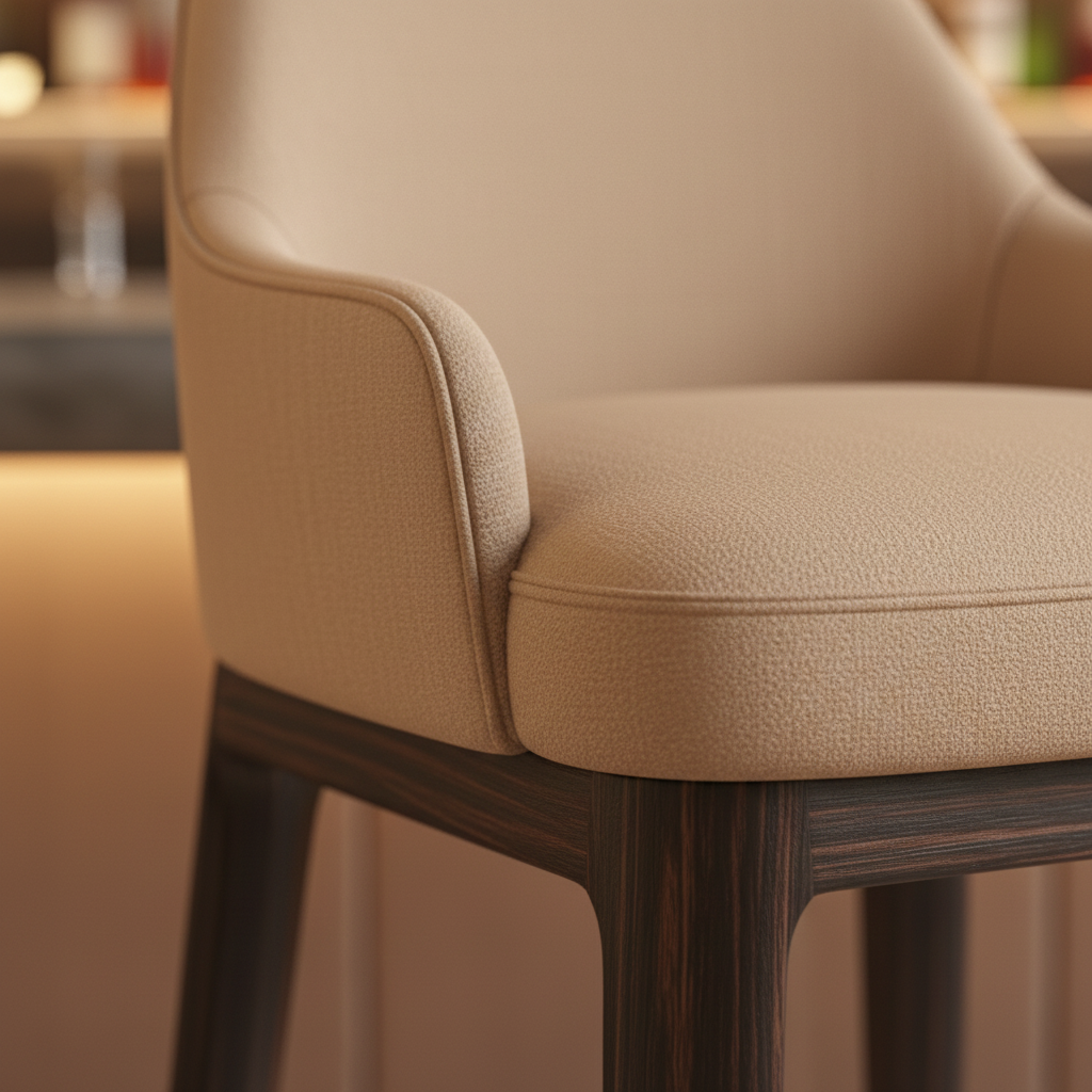 Close-up of warm beige fabric and padded armrest detail on Braccio Bar Stool