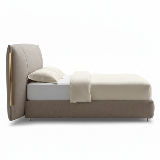 Aurel Bed Frame side profile, slim chrome legs, taupe fabric