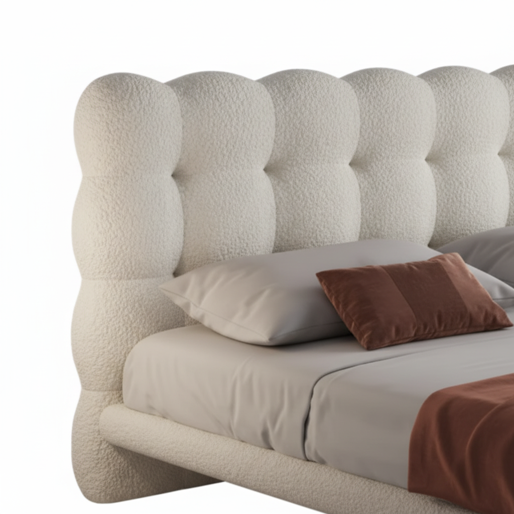 Close-up of Cumulo bed cloud bubble tufting on cream bouclé headboard