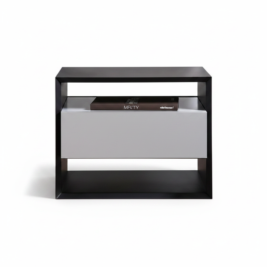 Top view of matte black frame bedside table with silver drawer panel