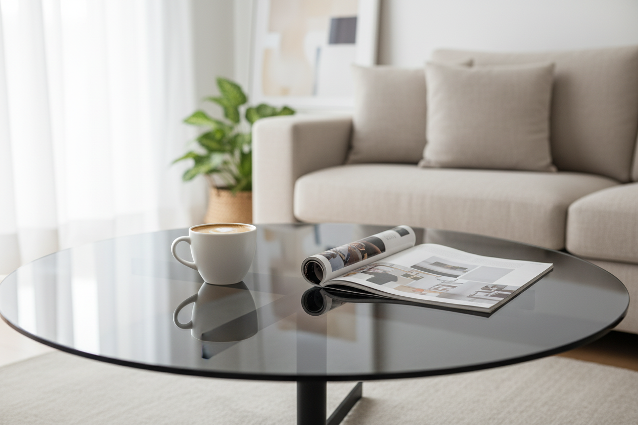 Cruxis Round Smoked Glass Coffee Table close-up lifestyle shot
