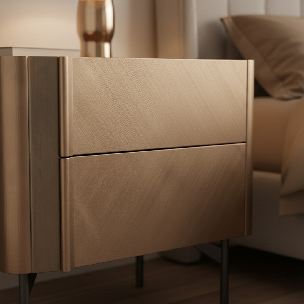 Close-up of warm brushed bronze metallic drawer surface and slim black metal leg on Ottone Bedside Table