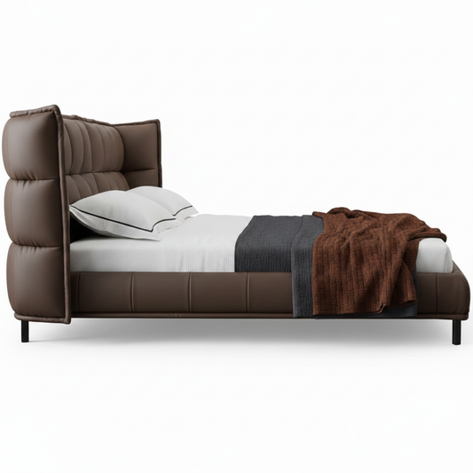 Corda Bed Frame side profile, quilted leather panels, slim black legs