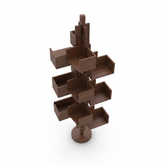 Arbor Rotating Bookshelf top-down view showing radiating compartment arrangement