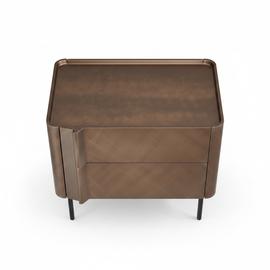 Top view of warm brushed bronze metallic bedside table on black metal legs