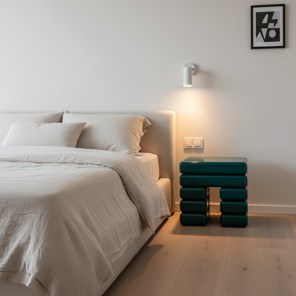 Deep forest green glossy stacked cushion block bedside table styled in a luxury modern bedroom