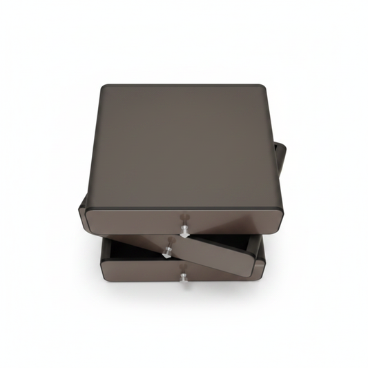 Top view of three stacked drawer dark taupe matte bedside table