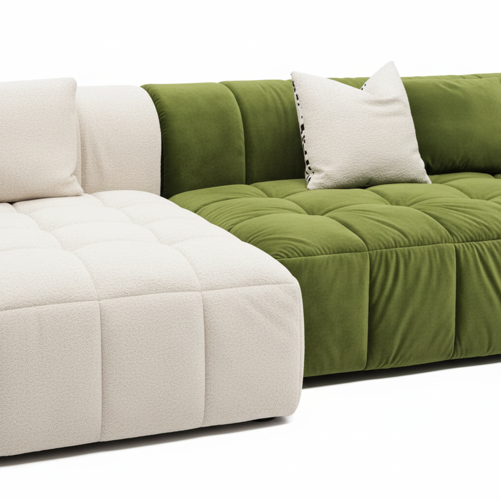 Bivio two-tone L-shape sectional sofa — close-up boucle and velvet texture detail