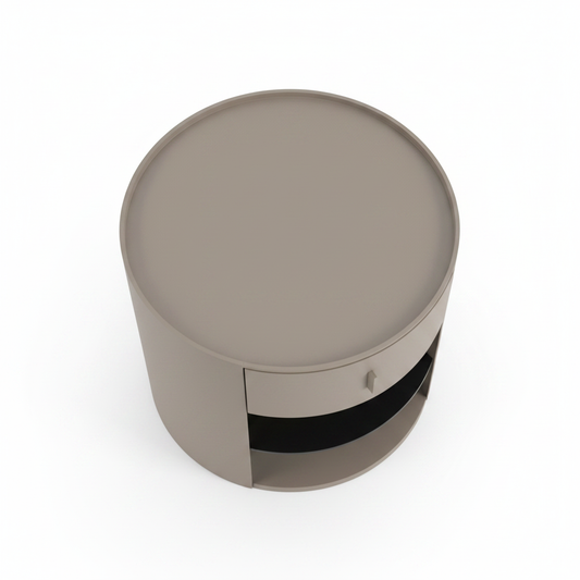 Top view of warm taupe cylindrical bedside table showing round top with raised lip