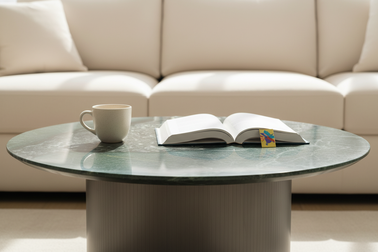 Viridis Round Green Marble Coffee Table close-up lifestyle shot