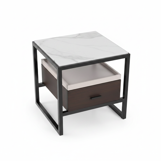 Top view of matte black metal frame bedside table showing white marble inset top